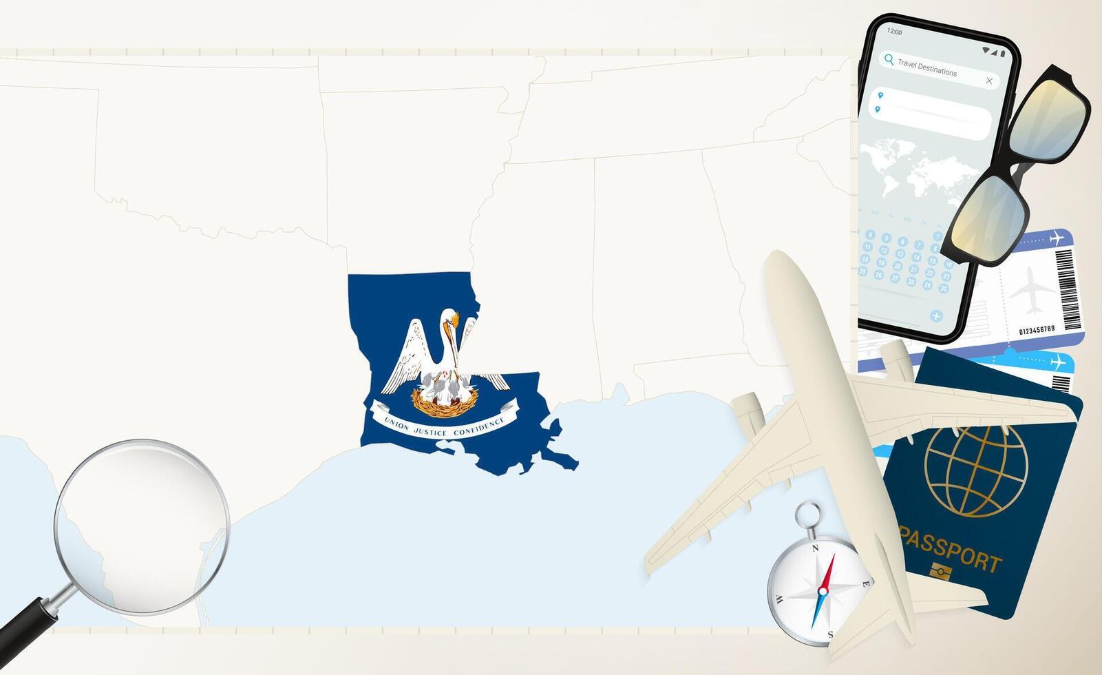 Louisiana map and flag, cargo plane on the detailed map of Louisiana with flag. vector