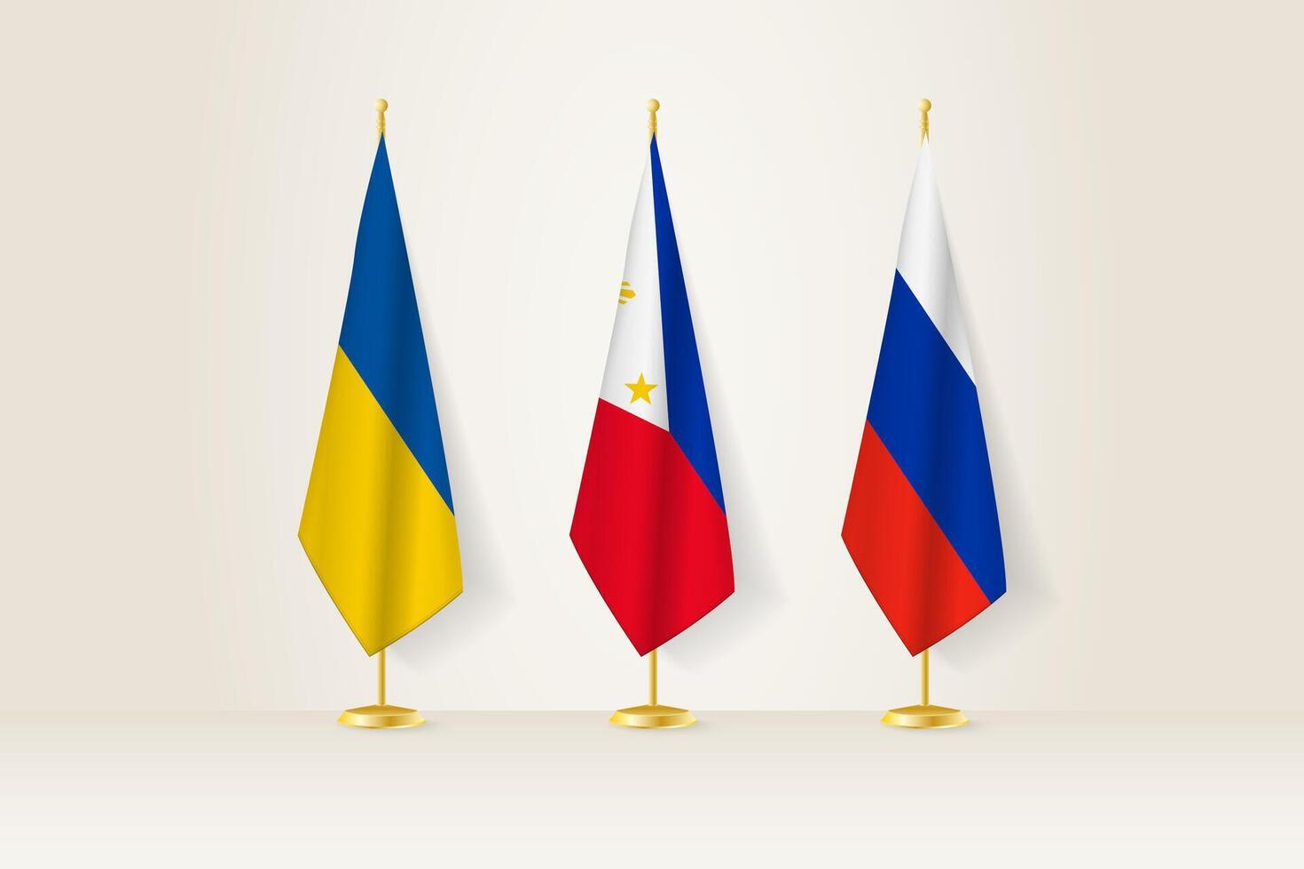 Diplomatic Meeting Representation, Ukraine, Philippines and Russia Flags. Flags on Diplomatic Stands. vector