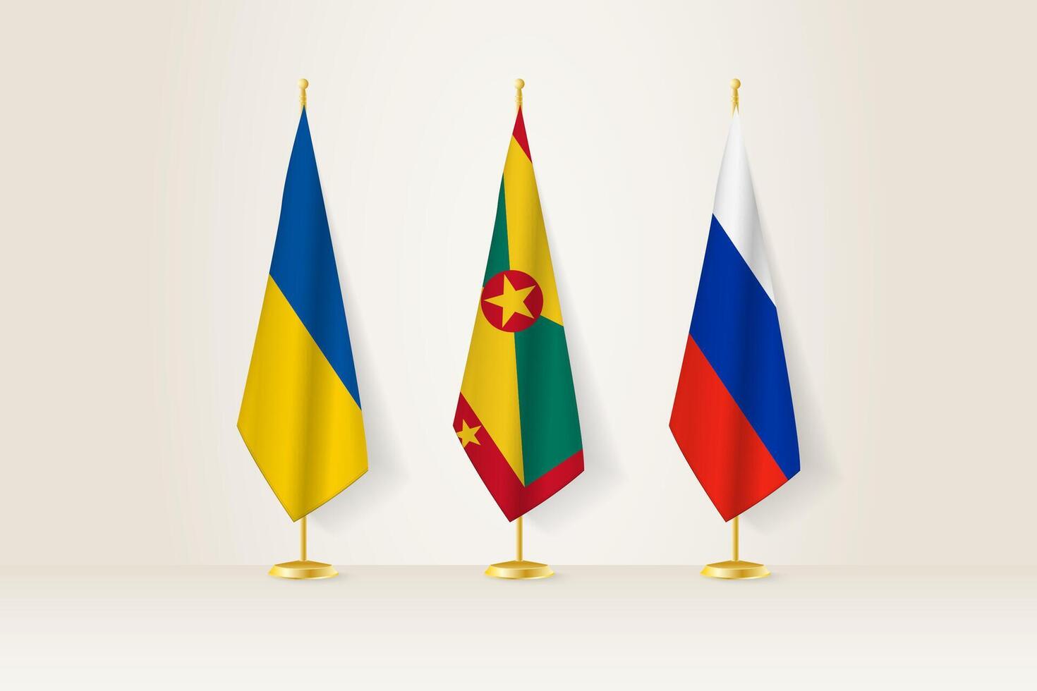 Diplomatic Meeting Representation, Ukraine, Grenada and Russia Flags. Flags on Diplomatic Stands. vector