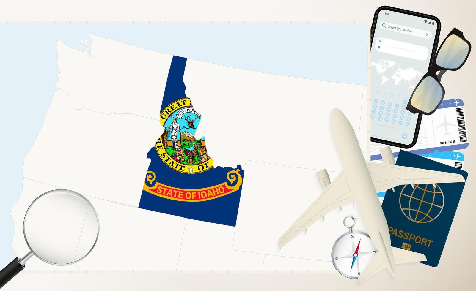 Idaho map and flag, cargo plane on the detailed map of Idaho with flag. vector