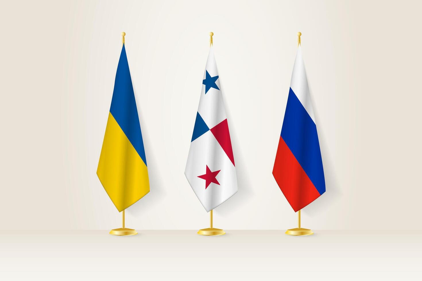 Diplomatic Meeting Representation, Ukraine, Panama and Russia Flags. Flags on Diplomatic Stands. vector