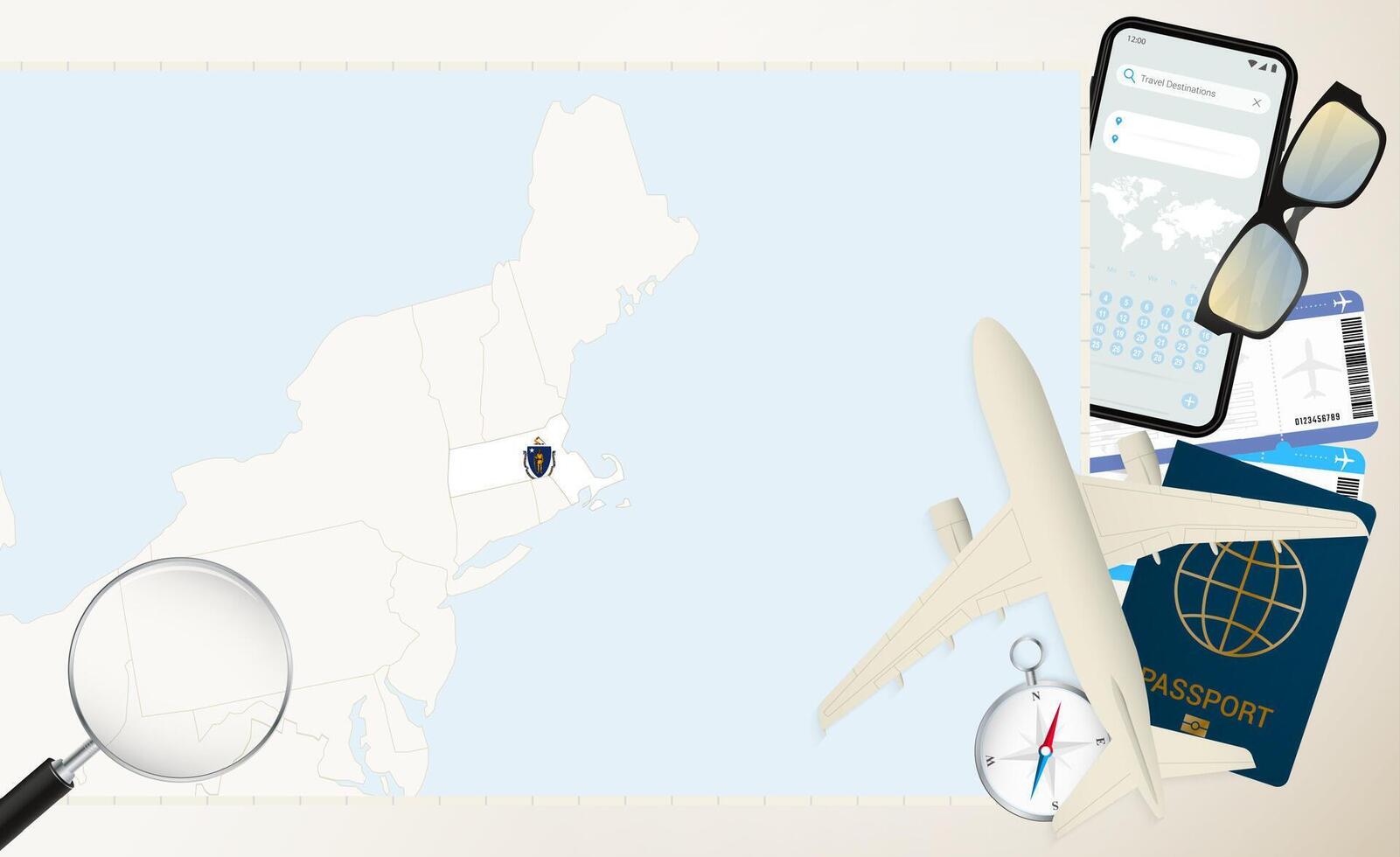 Massachusetts map and flag, cargo plane on the detailed map of Massachusetts with flag. vector