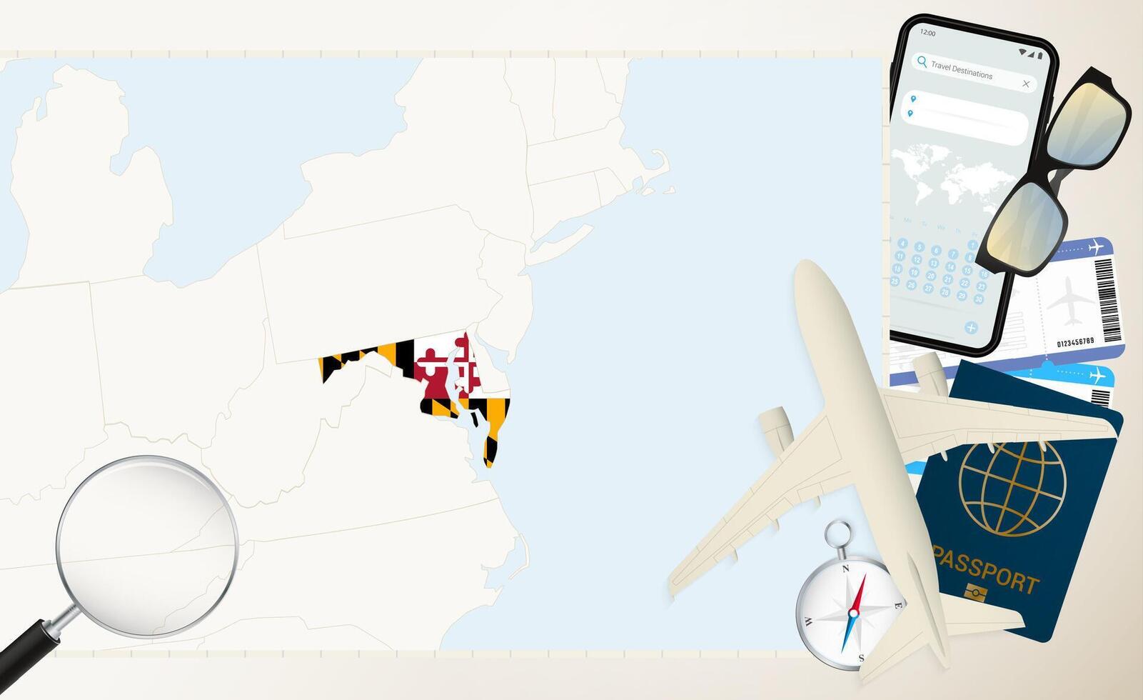 Maryland map and flag, cargo plane on the detailed map of Maryland with flag. vector