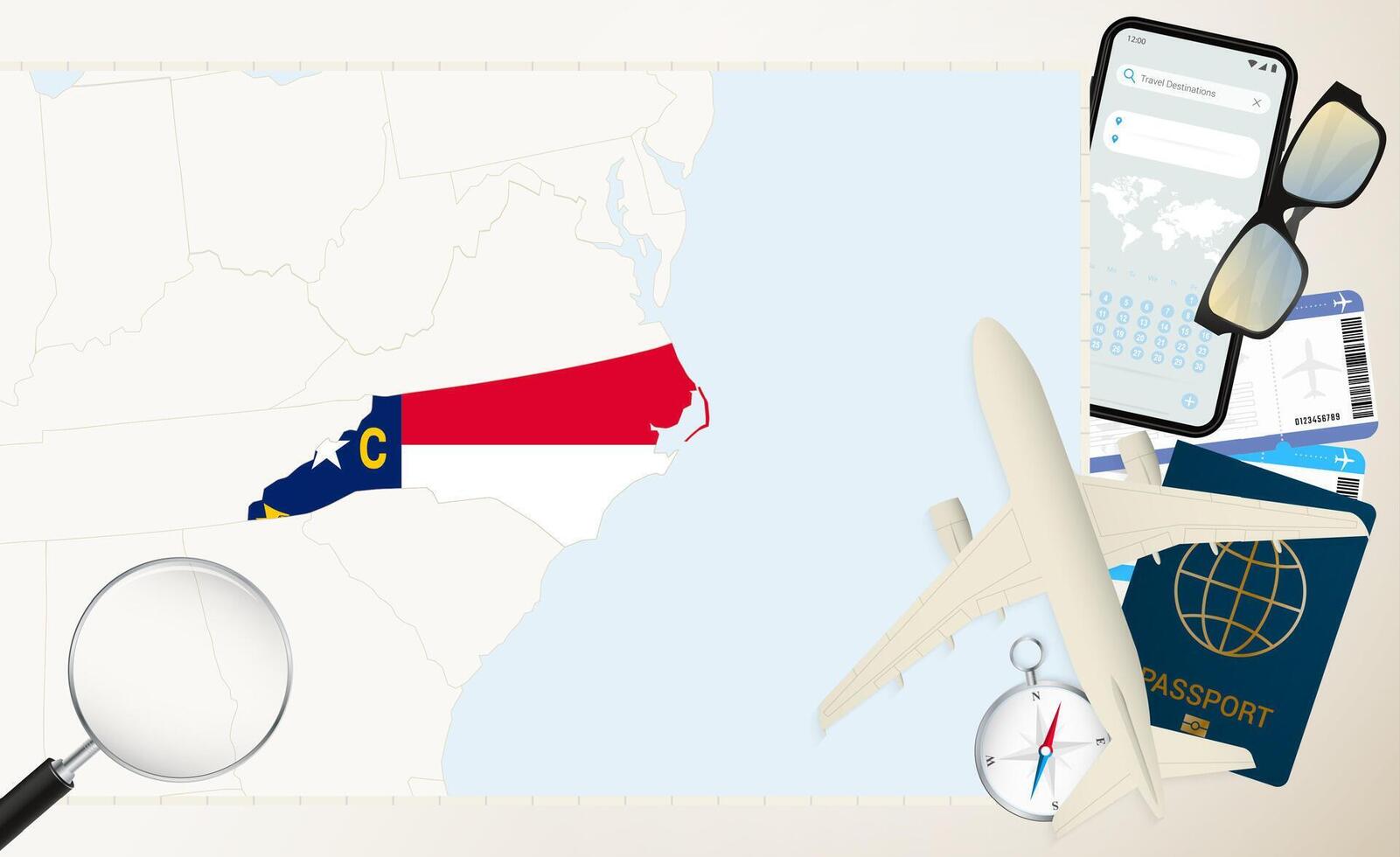 North Carolina map and flag, cargo plane on the detailed map of North Carolina with flag. vector