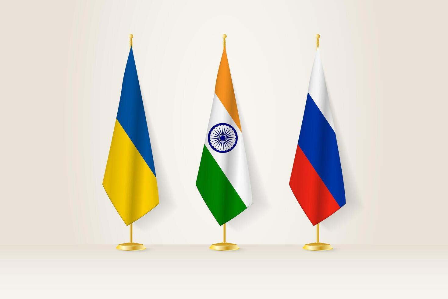 Diplomatic Meeting Representation, Ukraine, India and Russia Flags. Flags on Diplomatic Stands. vector