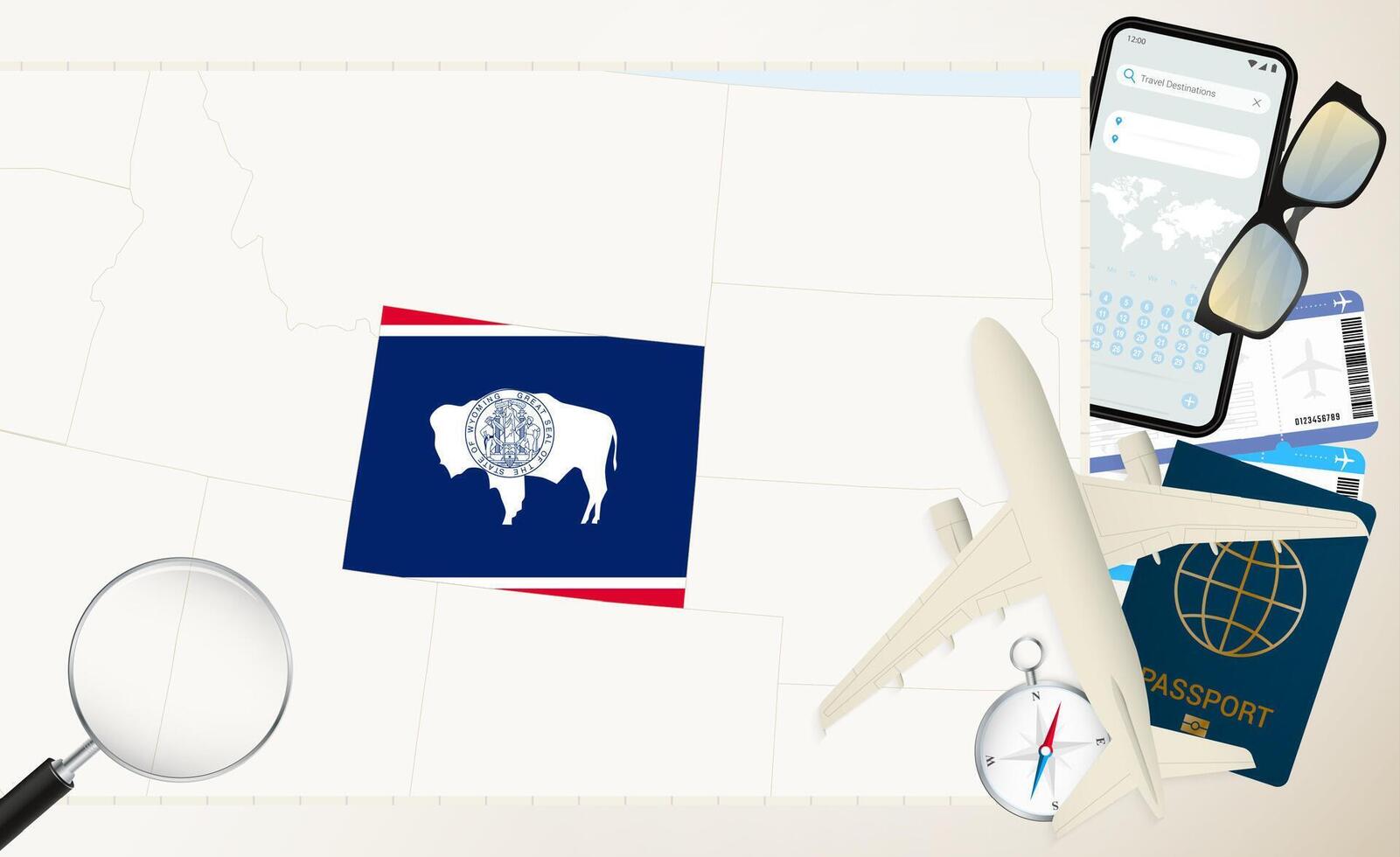 Wyoming map and flag, cargo plane on the detailed map of Wyoming with flag. vector