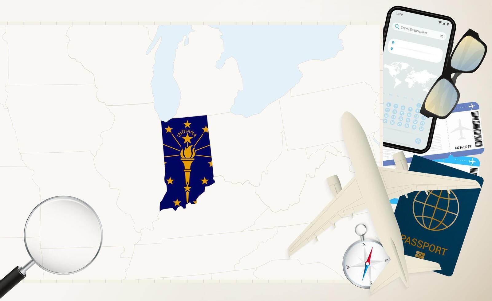 Indiana map and flag, cargo plane on the detailed map of Indiana with flag. vector