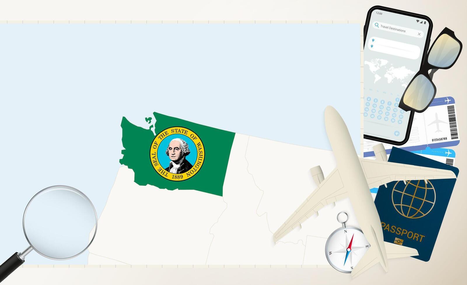 Washington map and flag, cargo plane on the detailed map of Washington with flag. vector