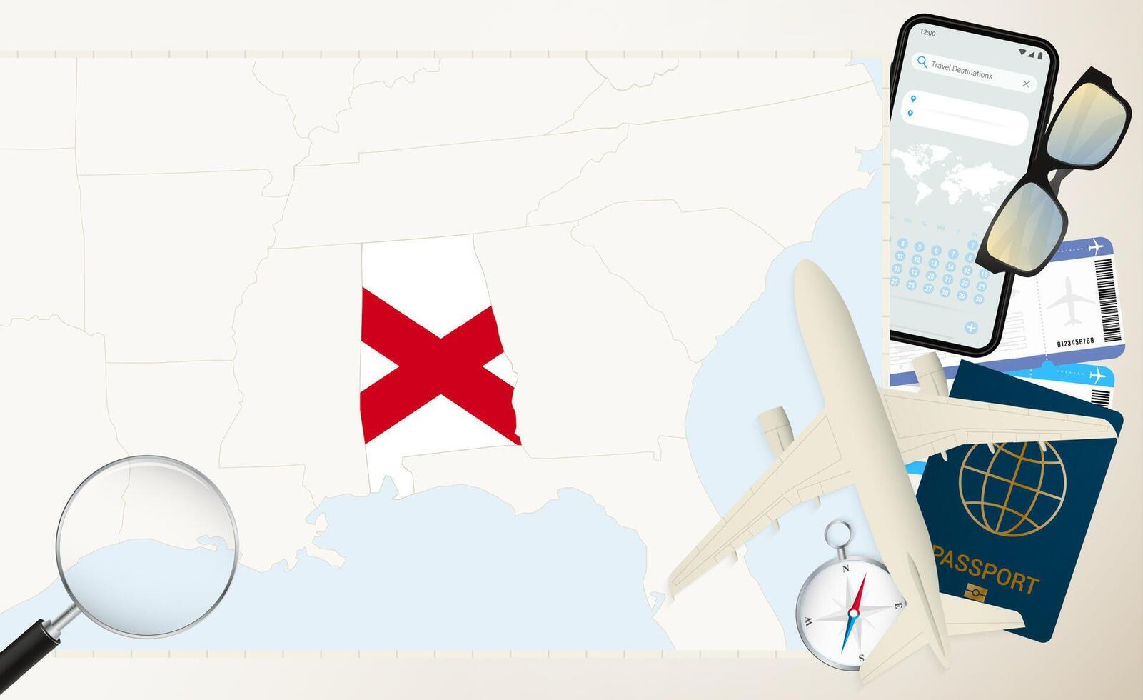 Alabama map and flag, cargo plane on the detailed map of Alabama with flag. vector