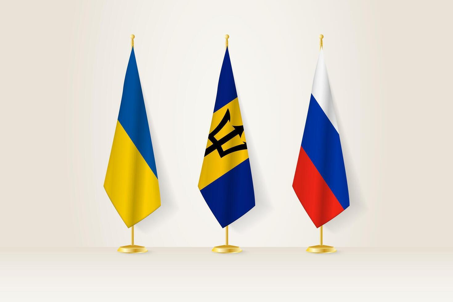 Diplomatic Meeting Representation, Ukraine, Barbados and Russia Flags. Flags on Diplomatic Stands. vector