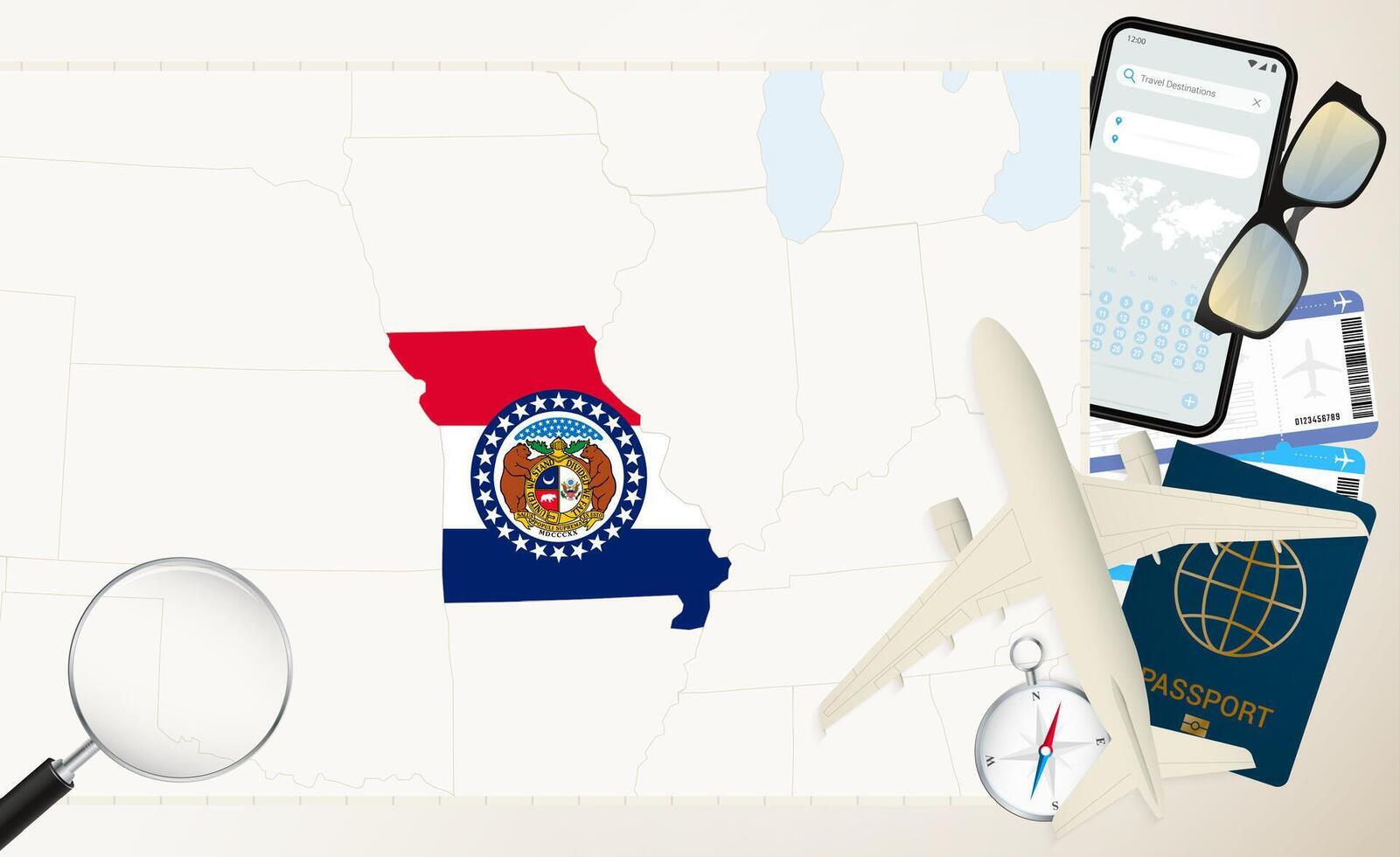 Missouri map and flag, cargo plane on the detailed map of Missouri with flag. vector