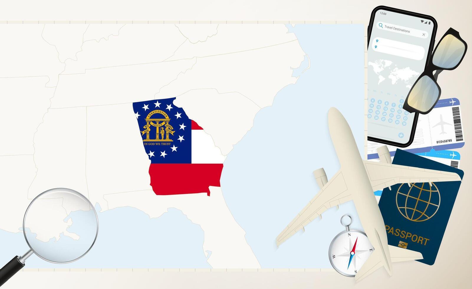 US State Georgia map and flag, cargo plane on the detailed map of Georgia with flag. vector