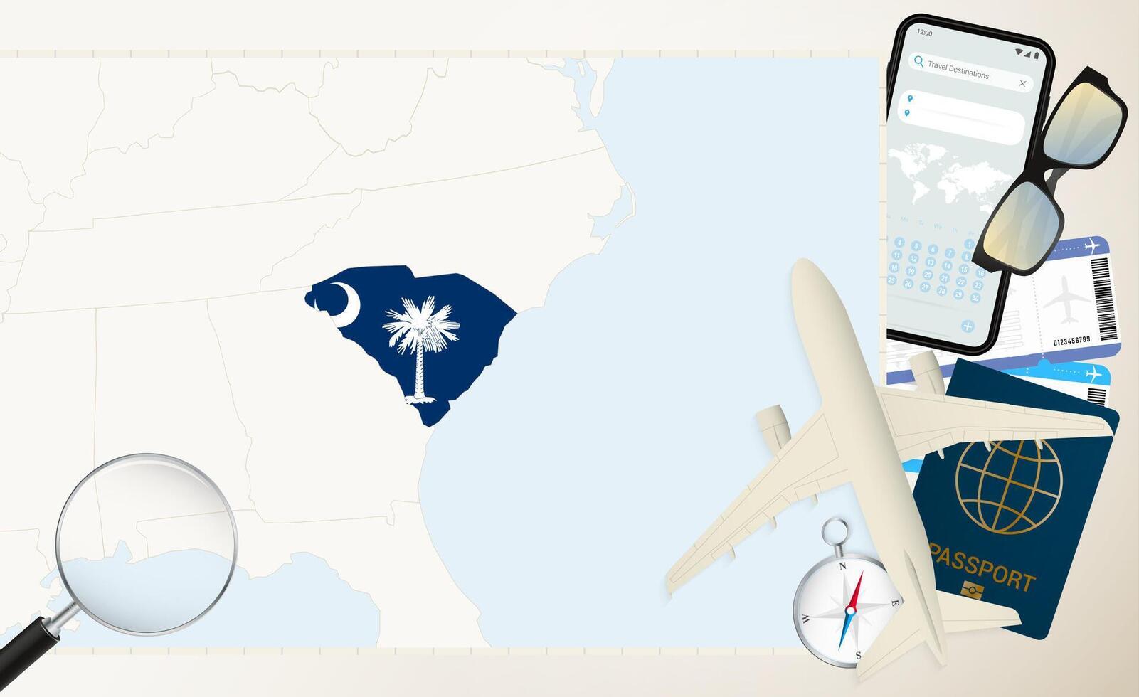 South Carolina map and flag, cargo plane on the detailed map of South Carolina with flag. vector