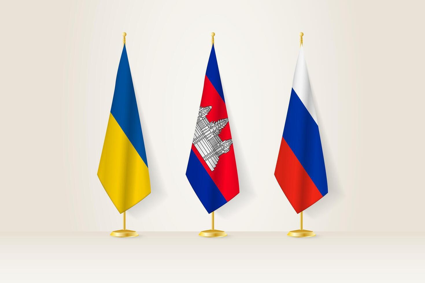 Diplomatic Meeting Representation, Ukraine, Cambodia and Russia Flags. Flags on Diplomatic Stands. vector
