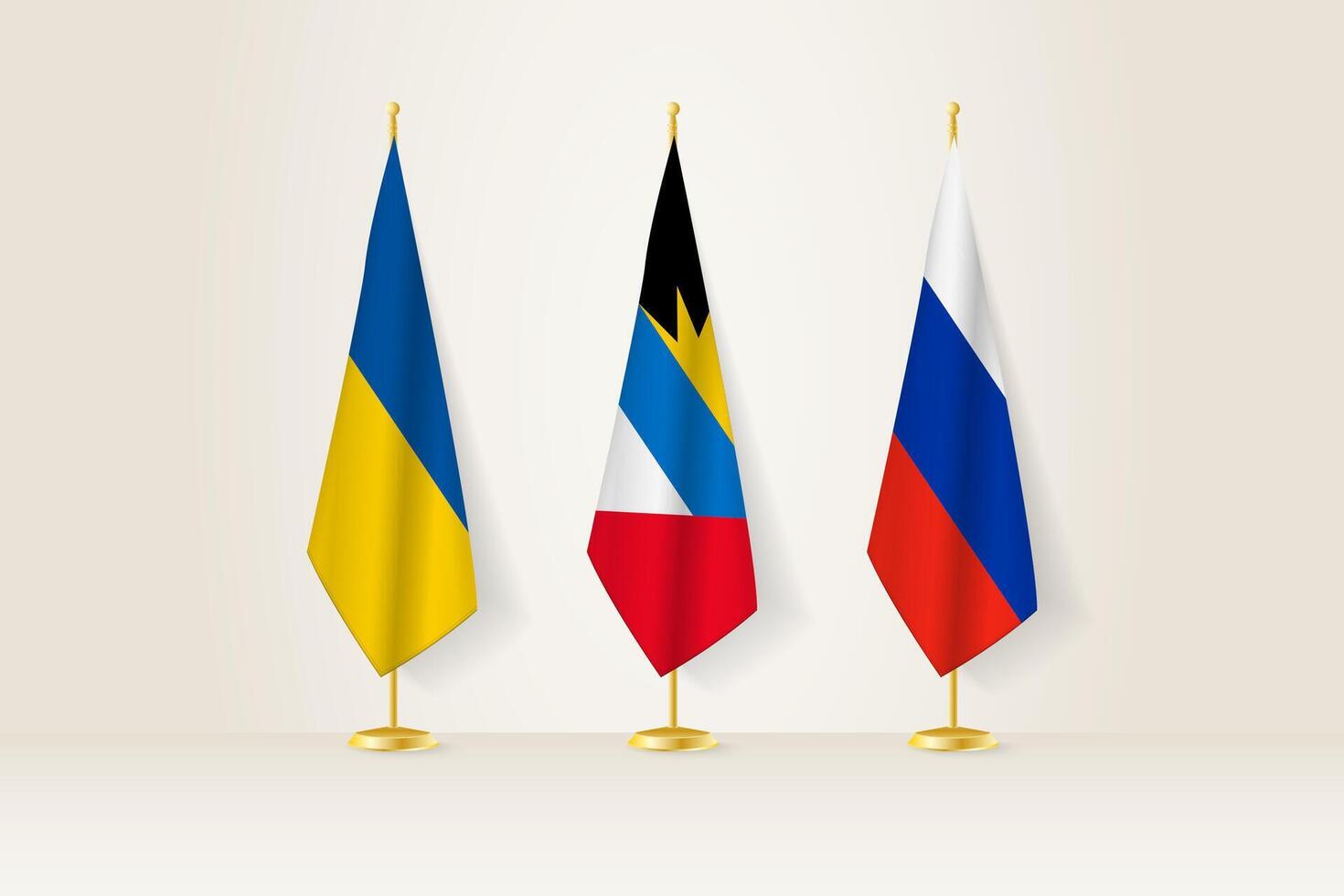 Diplomatic Meeting Representation, Ukraine, Antigua and Barbuda and Russia Flags. Flags on Diplomatic Stands. vector