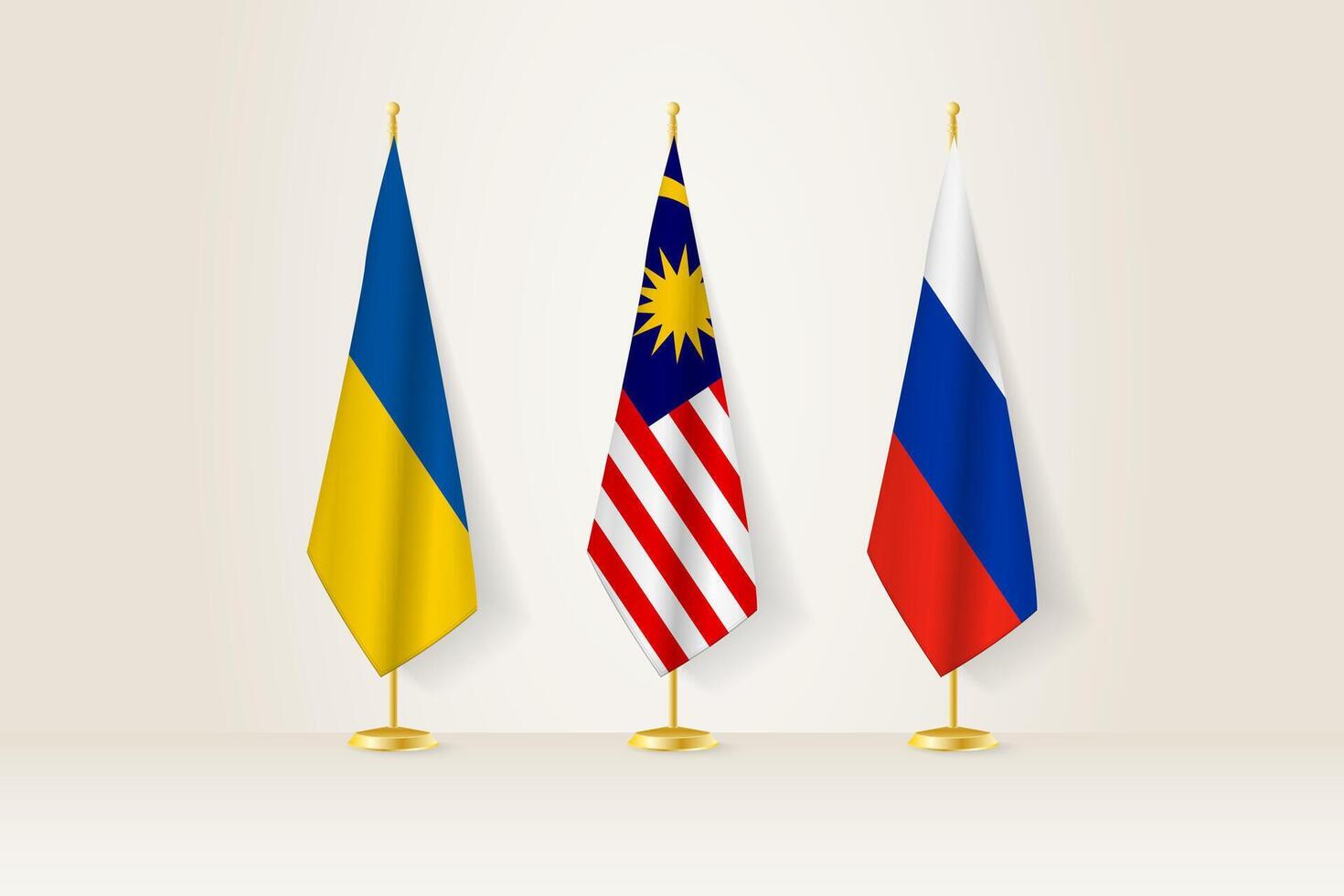Diplomatic Meeting Representation, Ukraine, Malaysia and Russia Flags. Flags on Diplomatic Stands. vector