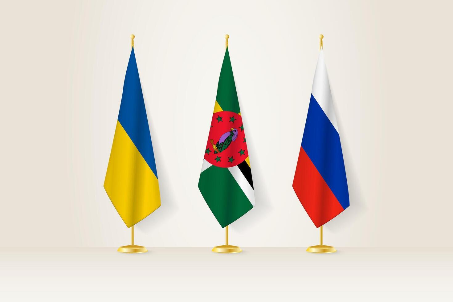 Diplomatic Meeting Representation, Ukraine, Dominica and Russia Flags. Flags on Diplomatic Stands. vector