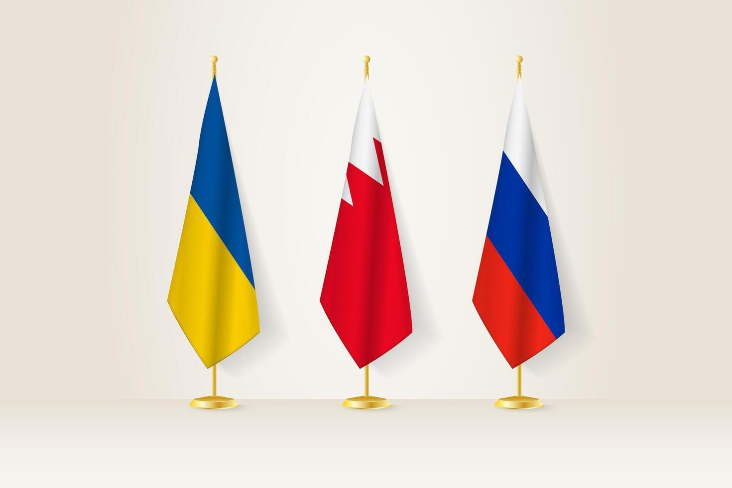 Diplomatic Meeting Representation, Ukraine, Bahrain and Russia Flags. Flags on Diplomatic Stands. vector