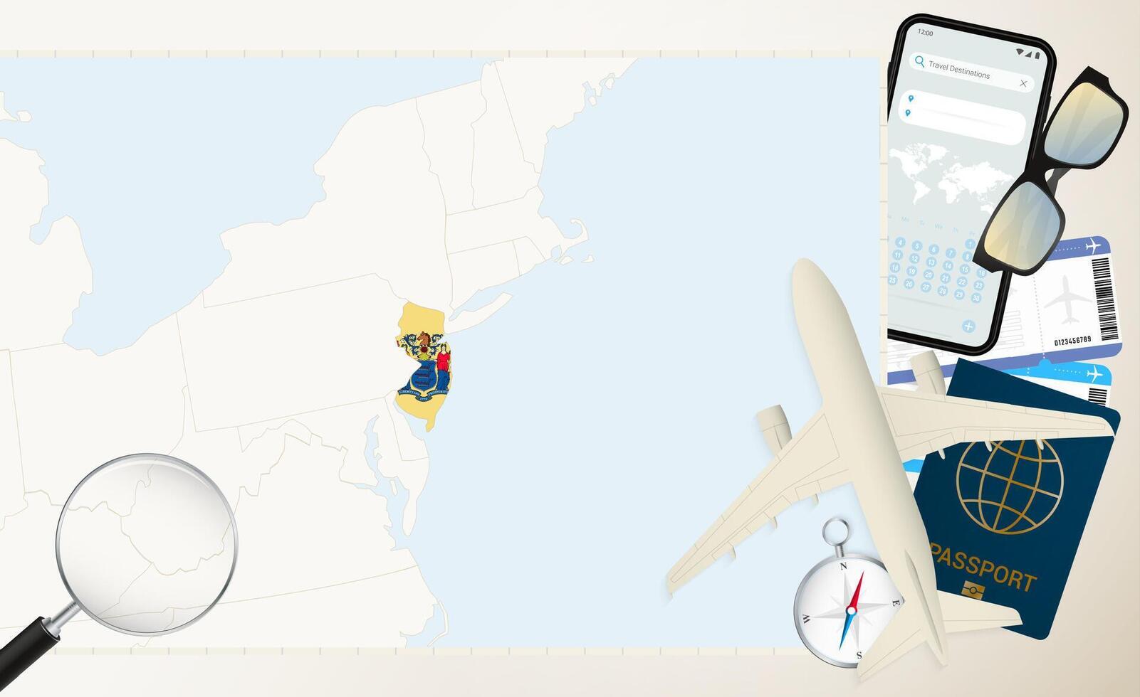New Jersey map and flag, cargo plane on the detailed map of New Jersey with flag. vector