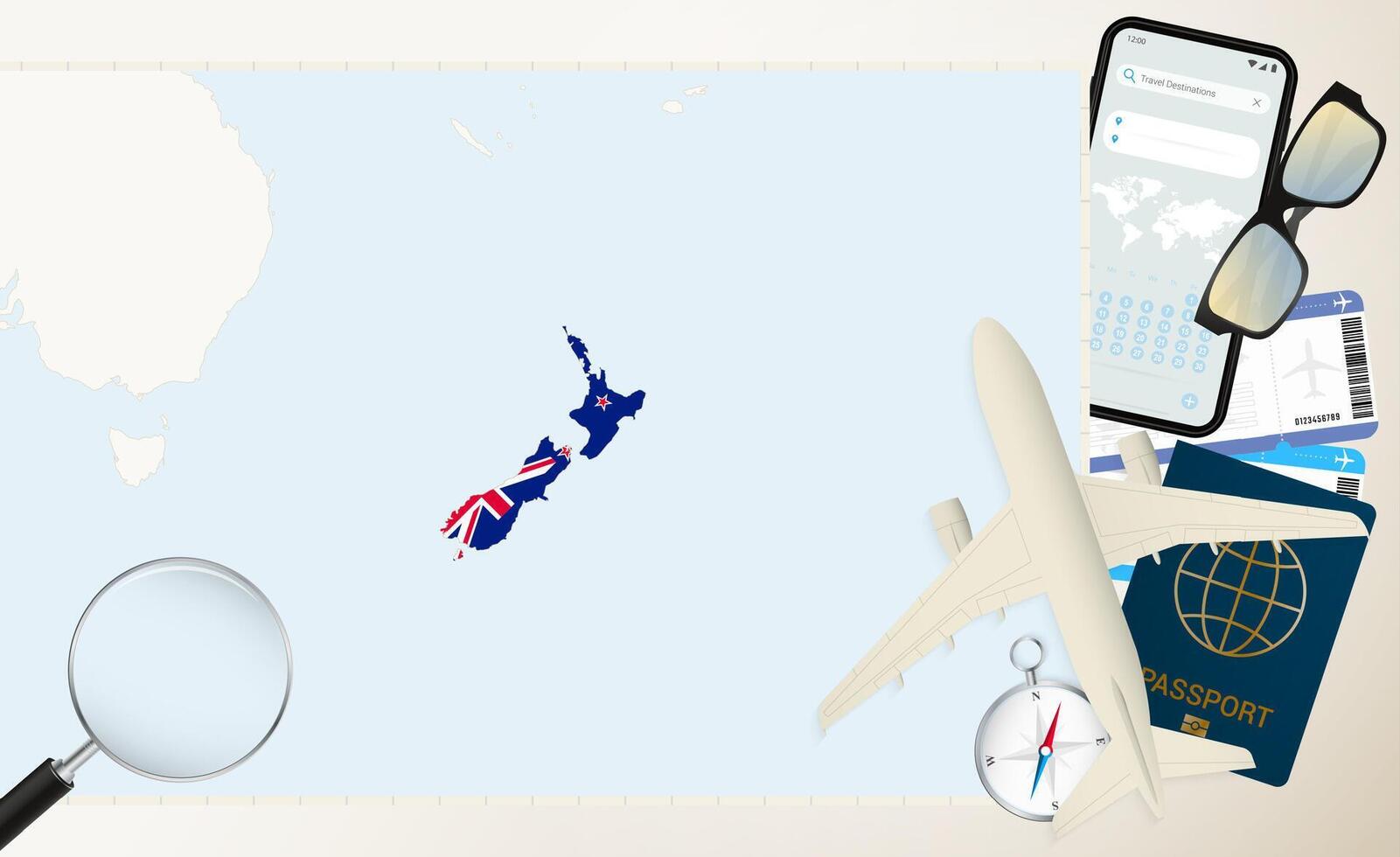 New Zealand map and flag, cargo plane on the detailed map of New Zealand with flag. vector