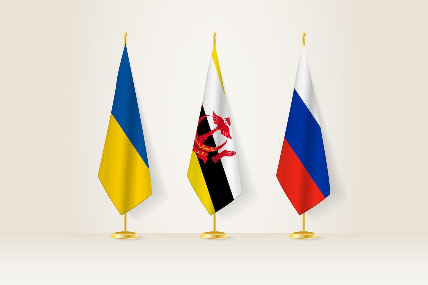 Diplomatic Meeting Representation, Ukraine, Brunei and Russia Flags. Flags on Diplomatic Stands. vector