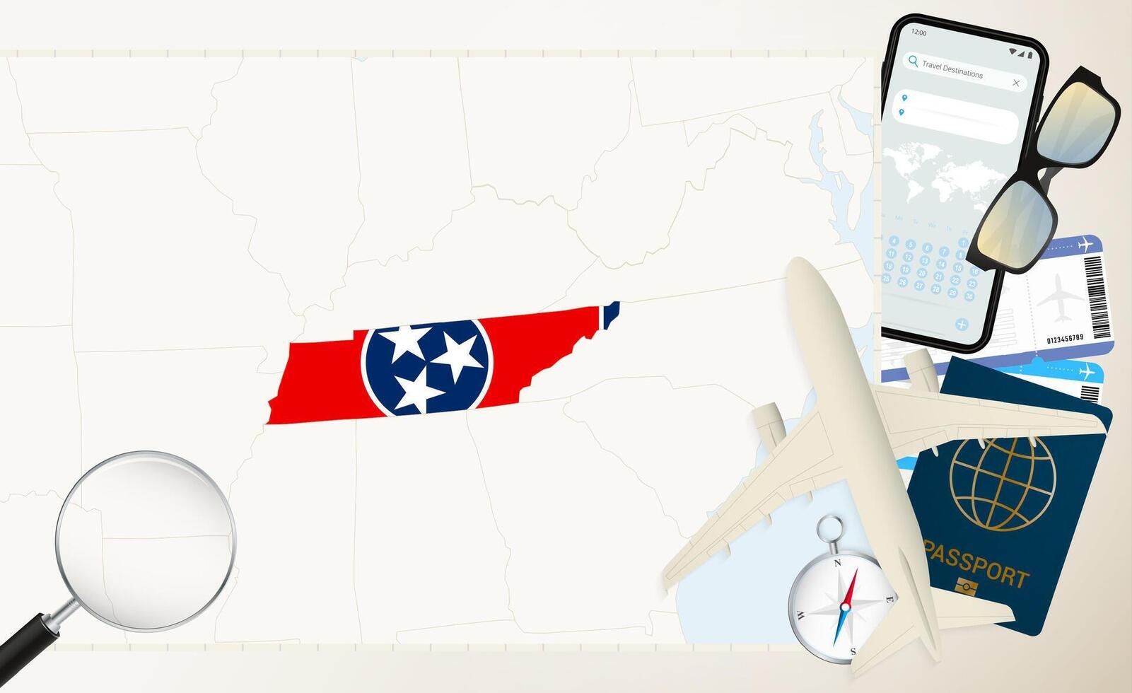 Tennessee map and flag, cargo plane on the detailed map of Tennessee with flag. vector