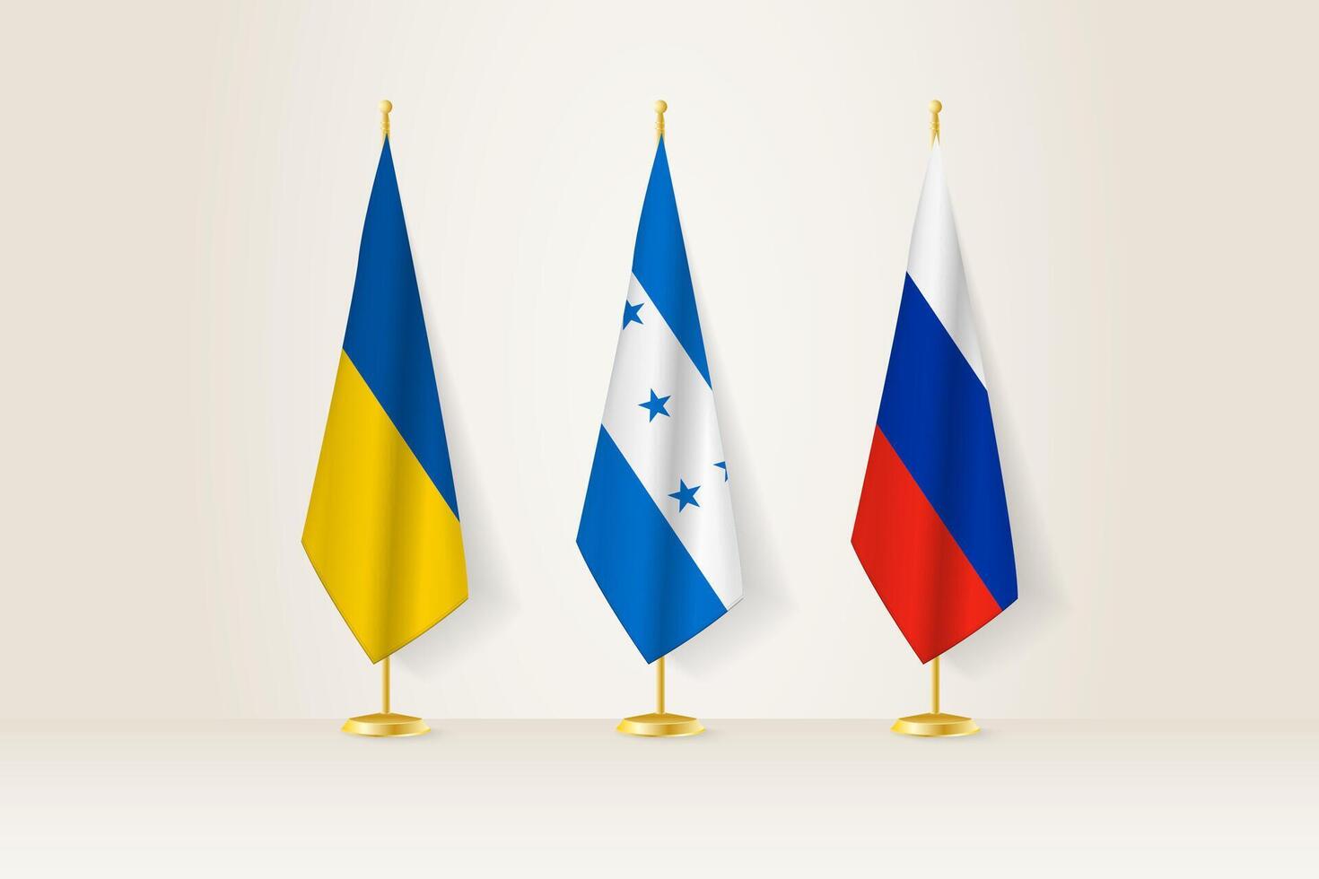Diplomatic Meeting Representation, Ukraine, Honduras and Russia Flags. Flags on Diplomatic Stands. vector