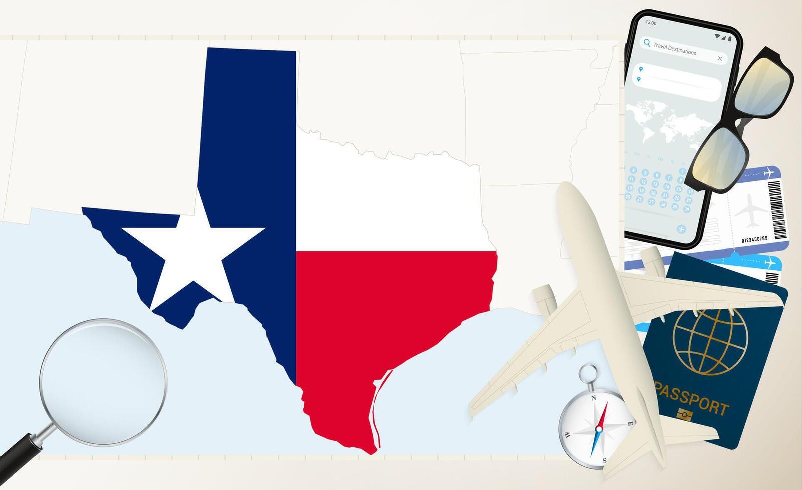 Texas map and flag, cargo plane on the detailed map of Texas with flag. vector