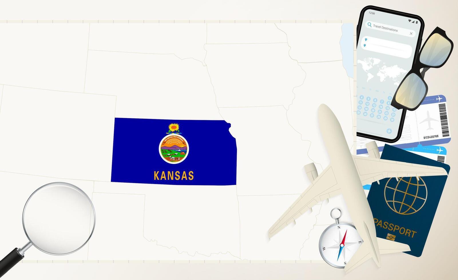 Kansas map and flag, cargo plane on the detailed map of Kansas with flag. vector