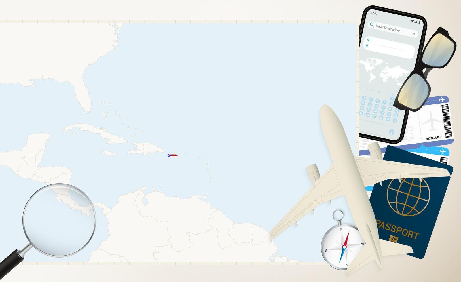 Puerto Rico map and flag, cargo plane on the detailed map of Puerto Rico with flag. vector