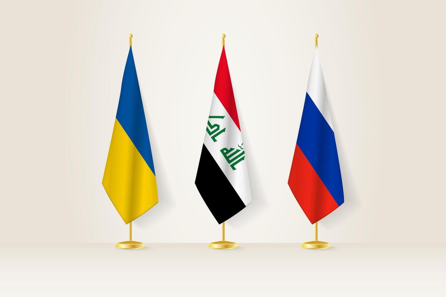 Diplomatic Meeting Representation, Ukraine, Iraq and Russia Flags. Flags on Diplomatic Stands. vector
