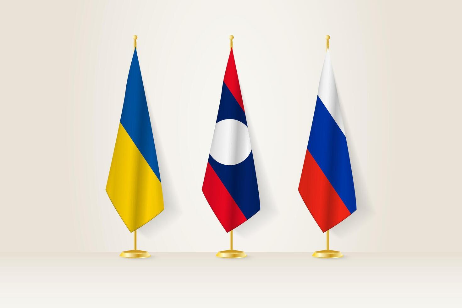 Diplomatic Meeting Representation, Ukraine, Laos and Russia Flags. Flags on Diplomatic Stands. vector