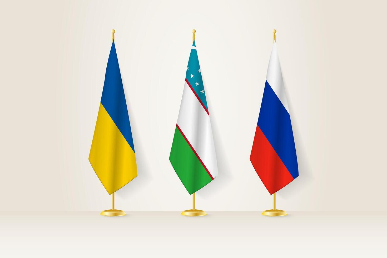 Diplomatic Meeting Representation, Ukraine, Uzbekistan and Russia Flags. Flags on Diplomatic Stands. vector