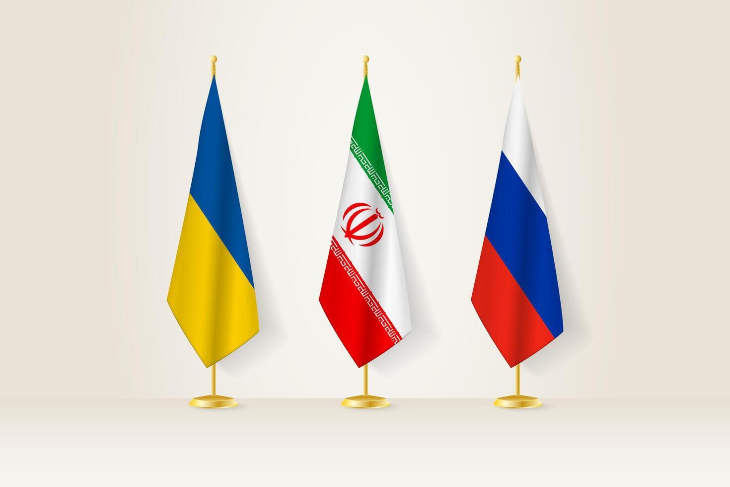 Diplomatic Meeting Representation, Ukraine, Iran and Russia Flags. Flags on Diplomatic Stands. vector