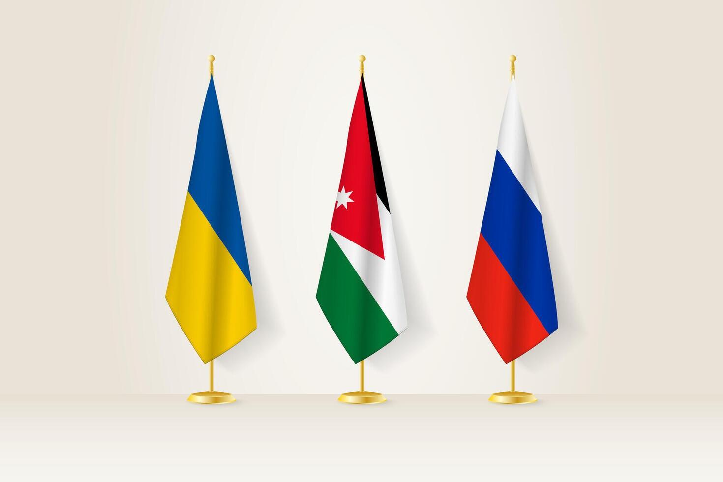 Diplomatic Meeting Representation, Ukraine, Jordan and Russia Flags. Flags on Diplomatic Stands. vector