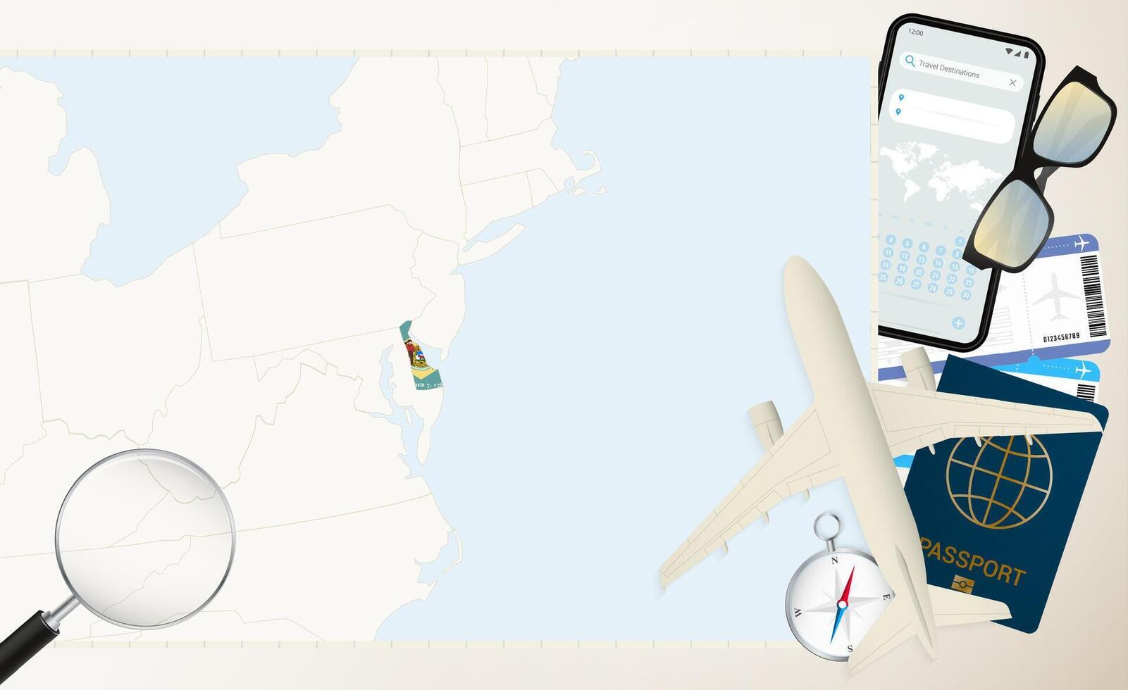 Delaware map and flag, cargo plane on the detailed map of Delaware with flag. vector