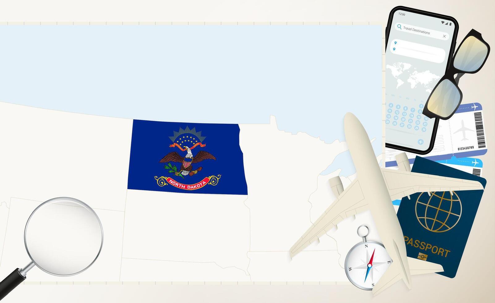North Dakota map and flag, cargo plane on the detailed map of North Dakota with flag. vector