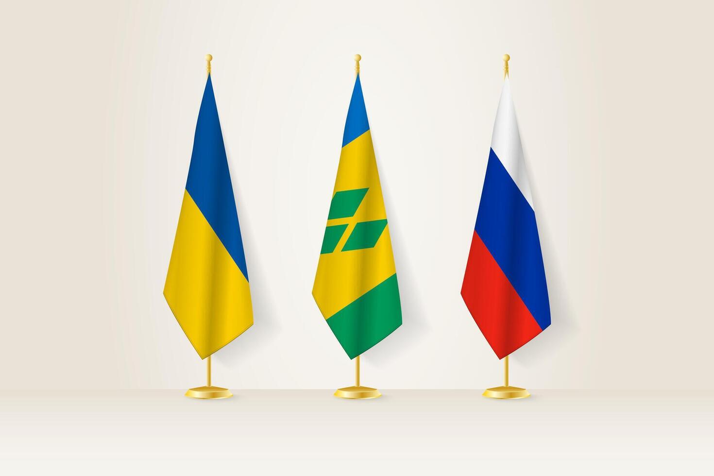 Diplomatic Meeting Representation, Ukraine, Saint Vincent and the Grenadines and Russia Flags. Flags on Diplomatic Stands. vector