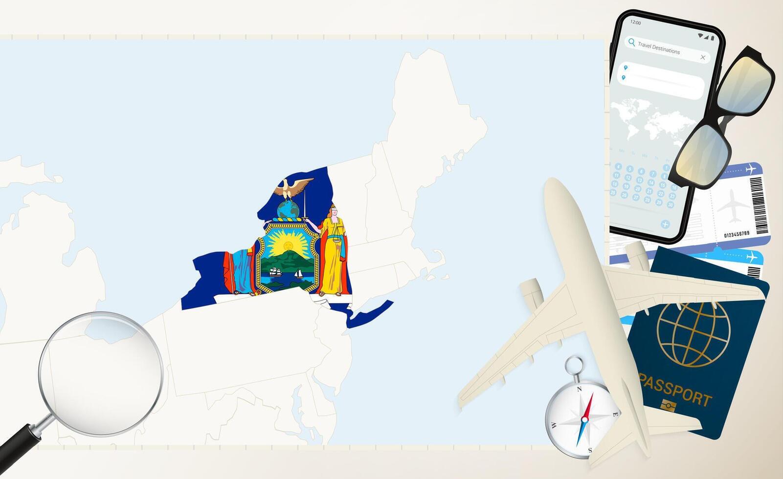 New York map and flag, cargo plane on the detailed map of New York with flag. vector