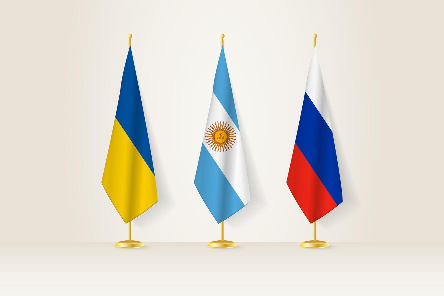 Diplomatic Meeting Representation, Ukraine, Argentina and Russia Flags. Flags on Diplomatic Stands. vector