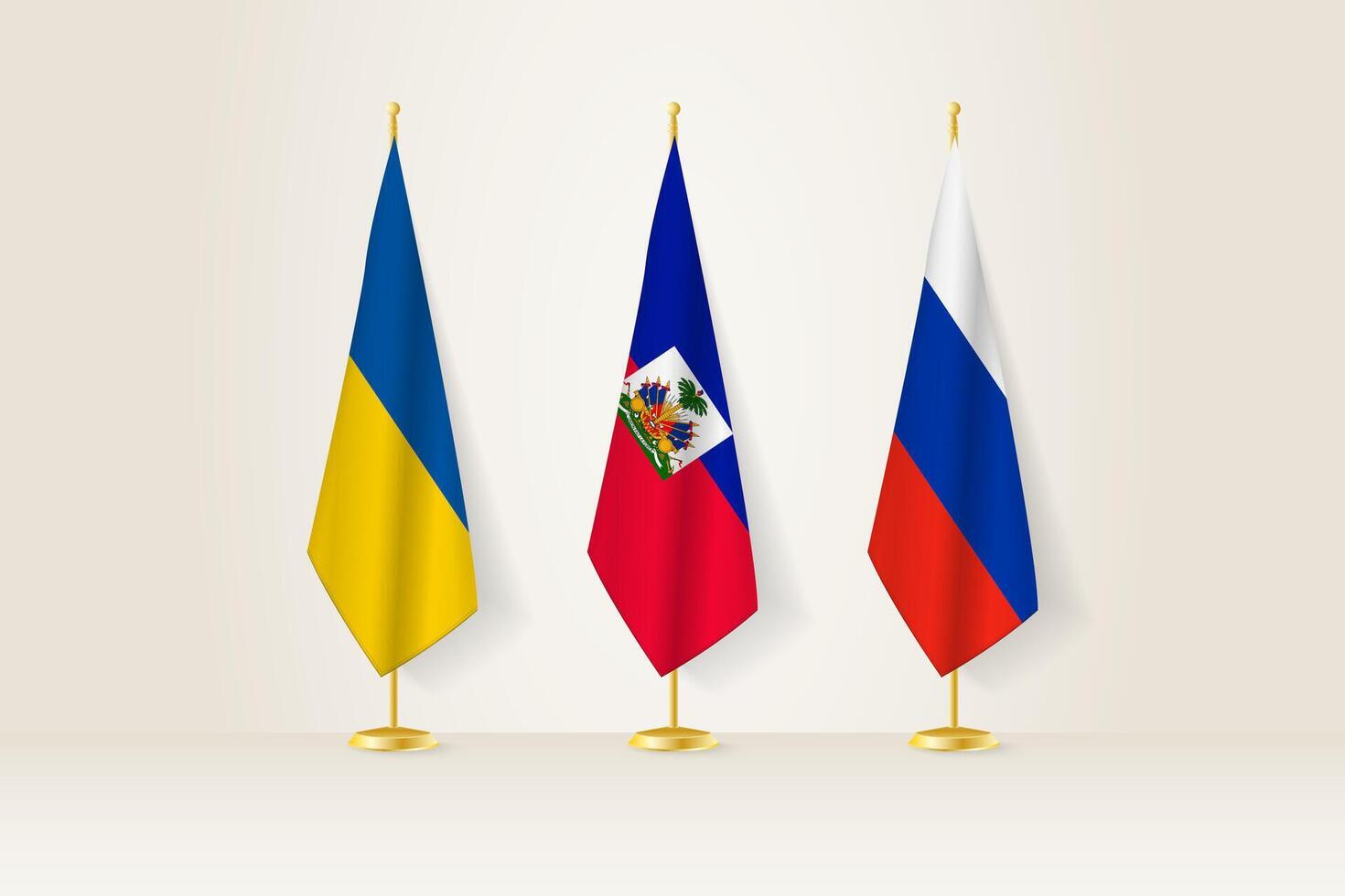 Diplomatic Meeting Representation, Ukraine, Haiti and Russia Flags. Flags on Diplomatic Stands. vector