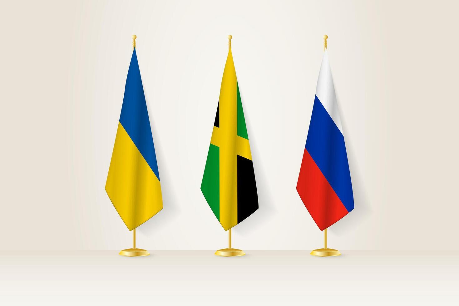 Diplomatic Meeting Representation, Ukraine, Jamaica and Russia Flags. Flags on Diplomatic Stands. vector