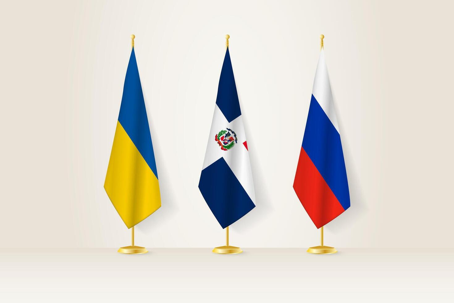 Diplomatic Meeting Representation, Ukraine, Dominican Republic and Russia Flags. Flags on Diplomatic Stands. vector