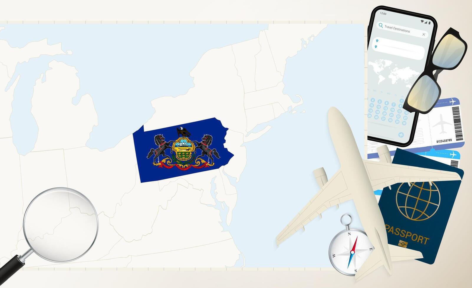 Pennsylvania map and flag, cargo plane on the detailed map of Pennsylvania with flag. vector