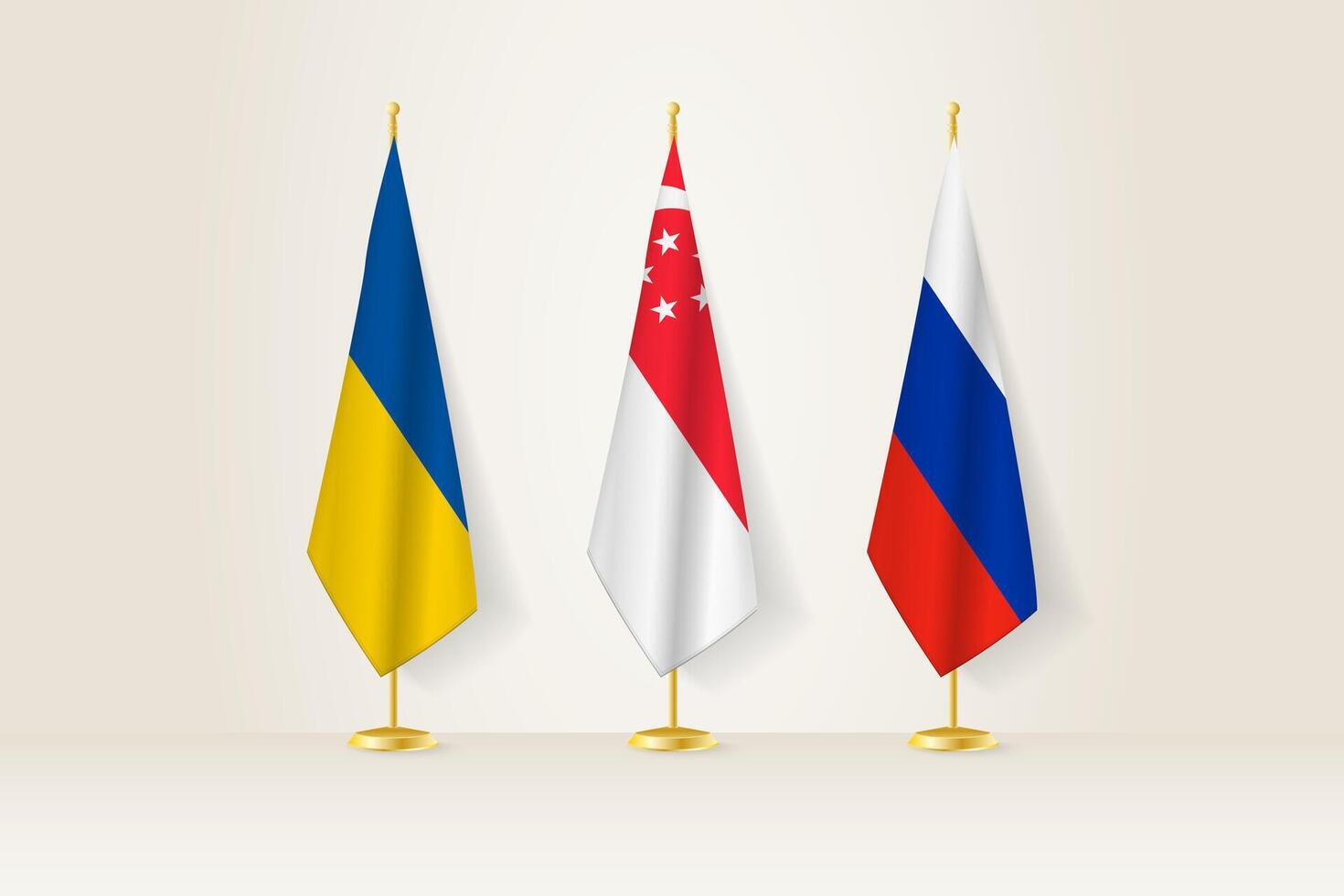 Diplomatic Meeting Representation, Ukraine, Singapore and Russia Flags. Flags on Diplomatic Stands. vector