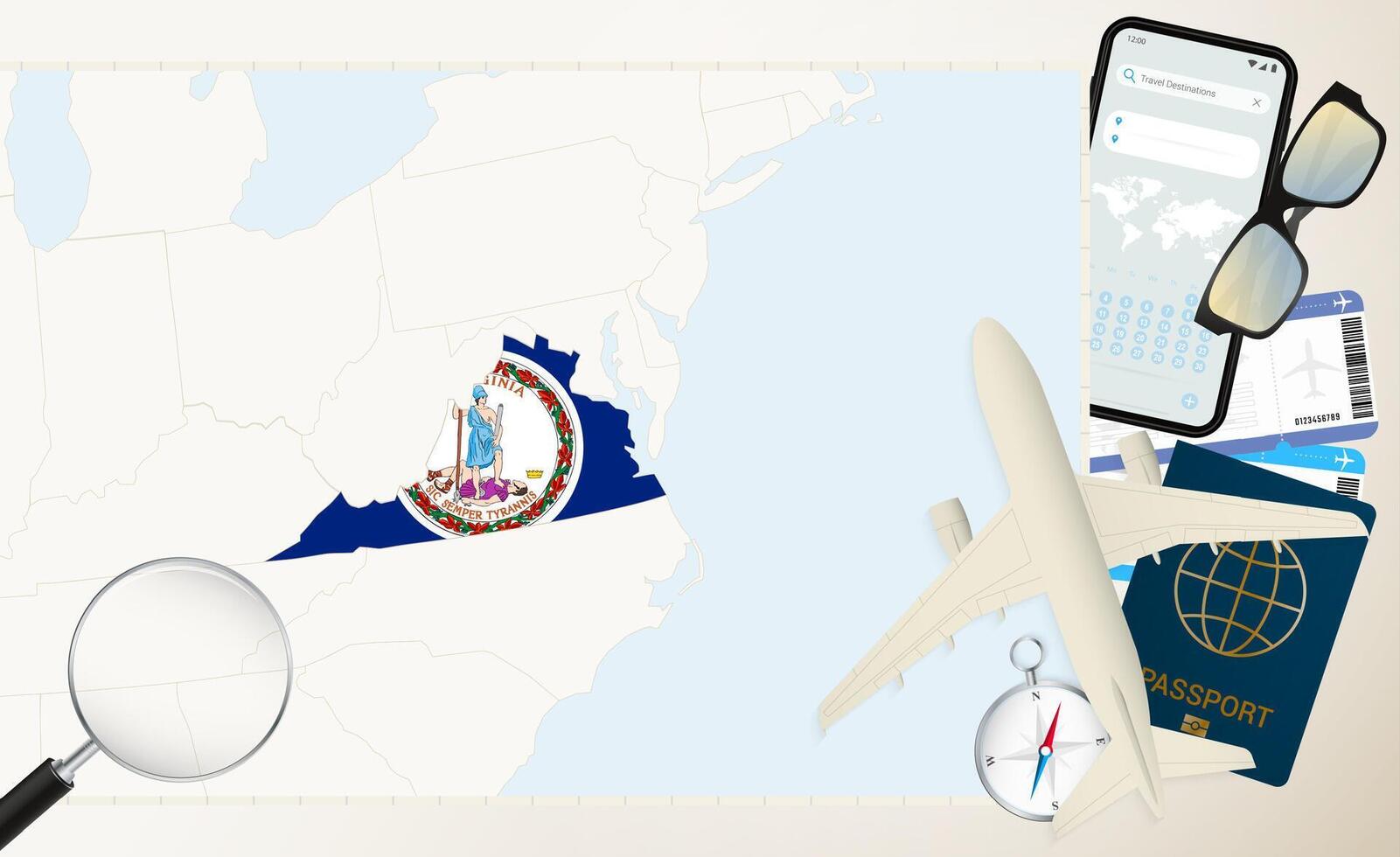 Virginia map and flag, cargo plane on the detailed map of Virginia with flag. vector