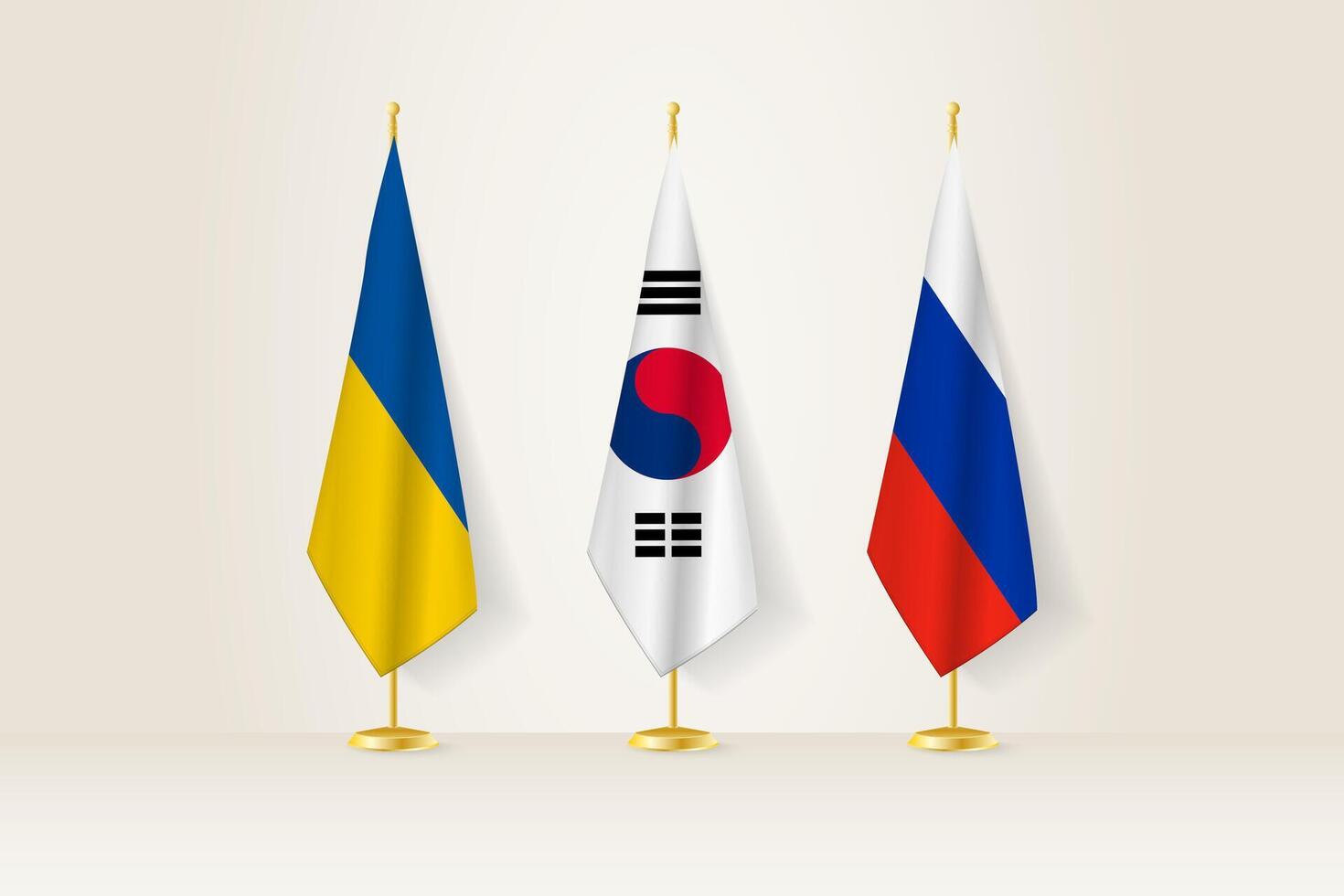 Diplomatic Meeting Representation, Ukraine, South Korea and Russia Flags. Flags on Diplomatic Stands. vector