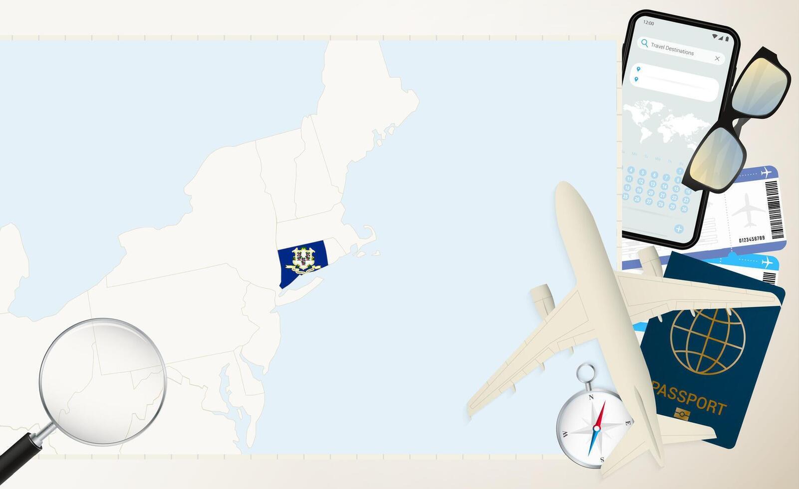 Connecticut map and flag, cargo plane on the detailed map of Connecticut with flag. vector
