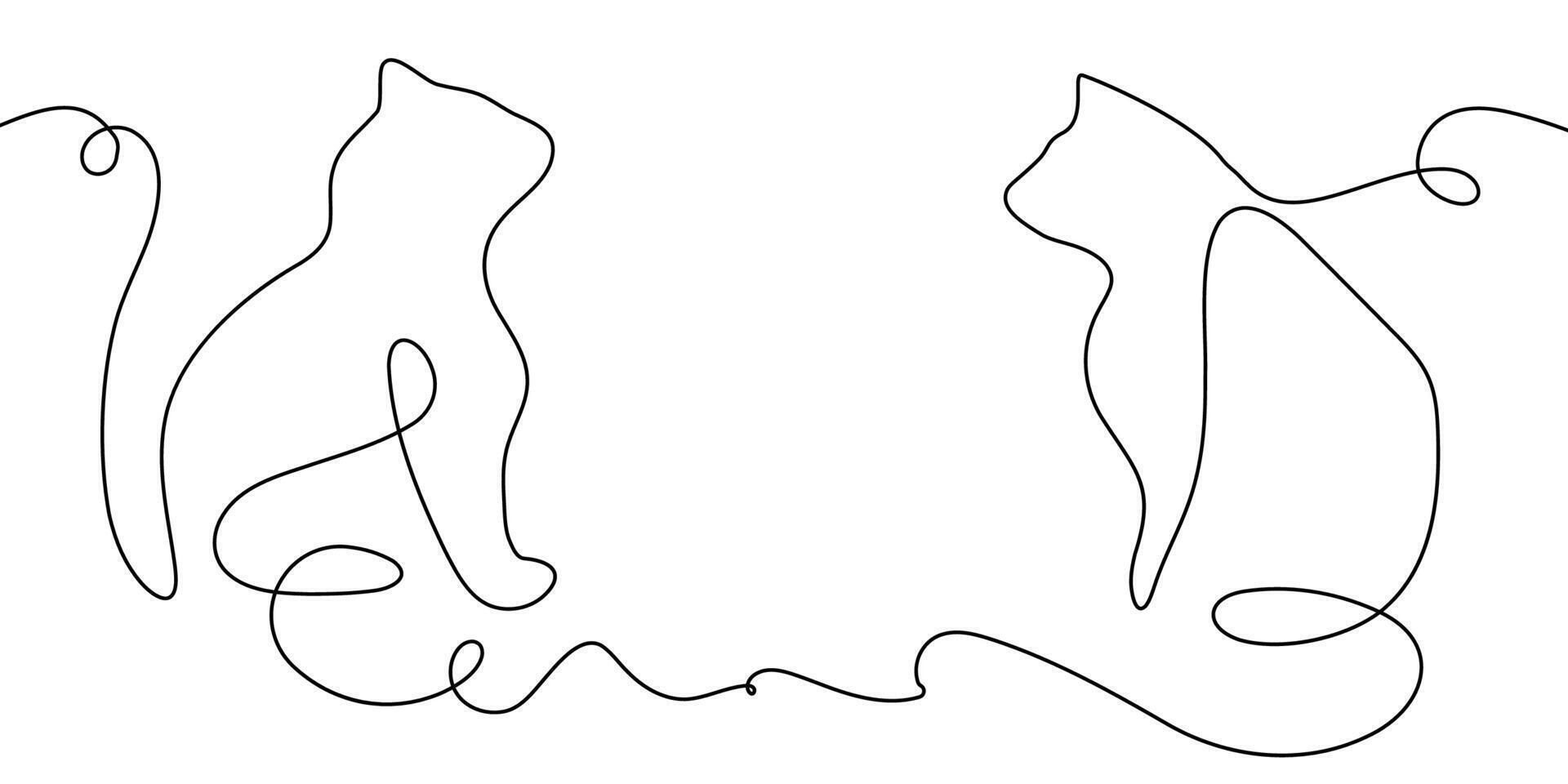 Cat continuous line sketch pet outline drawing one animal draw. Line cat two happy 2 couple doodle kitten white black background cute illustration friendship clipart silhouette contour back art vector