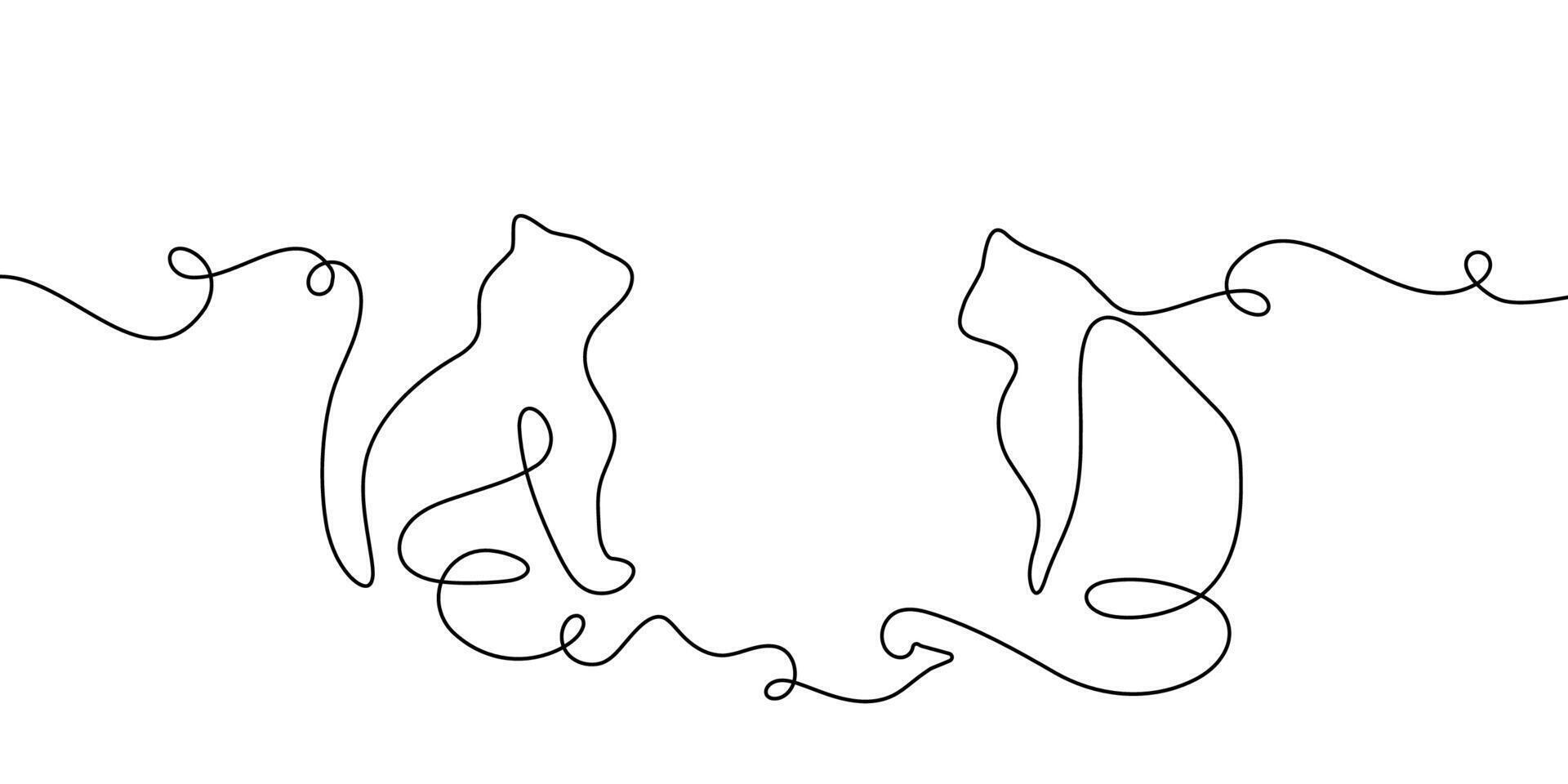 Line continuous cat pet outline sketch draw one animal drawing. Cat line two 2 happy couple doodle kitten white black background cute illustration friendship clipart silhouette contour back art vector